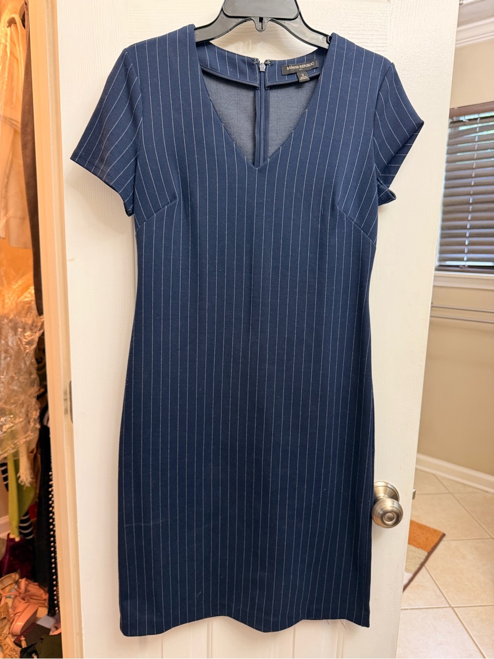 Banana Republic Navy Pinstripe V-Neck Midi Dress